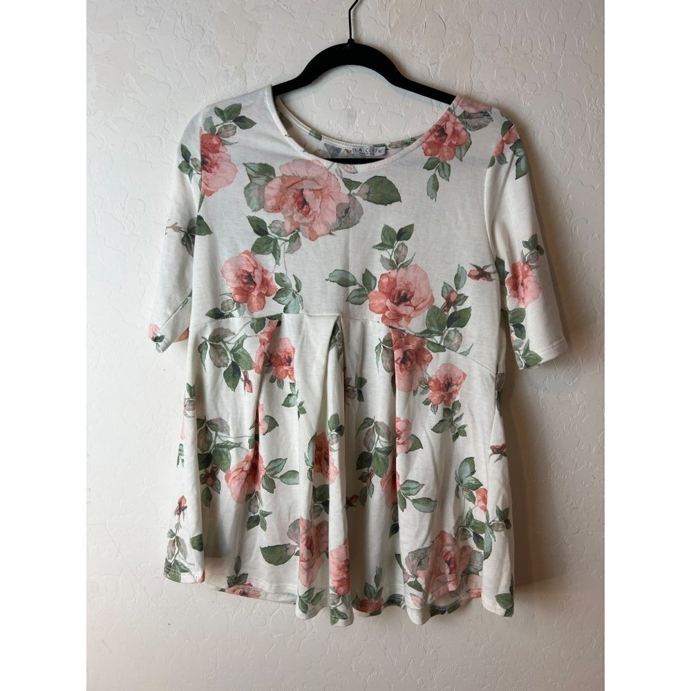 La Clef XL Women Floral Print White Pink Elbow Sleeve Baby Doll Tunic